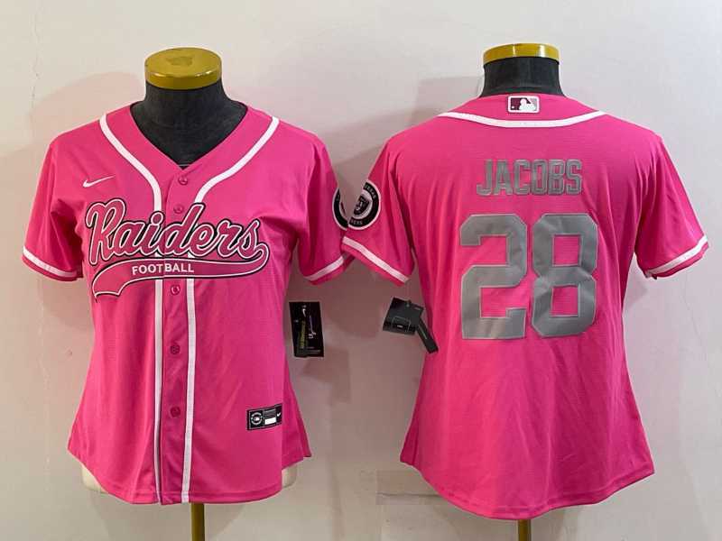 Women%27s Las Vegas Raiders #28 Josh Jacobs Pink With Patch Cool Base Stitched Baseball Jersey